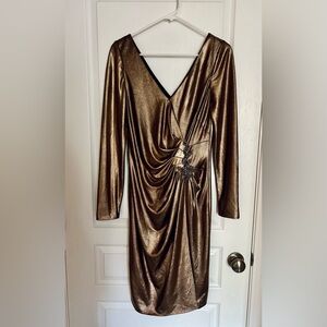 Marchesa Notte Shiny Gold Cocktail Evening Dress Jewel Embellishments size 6